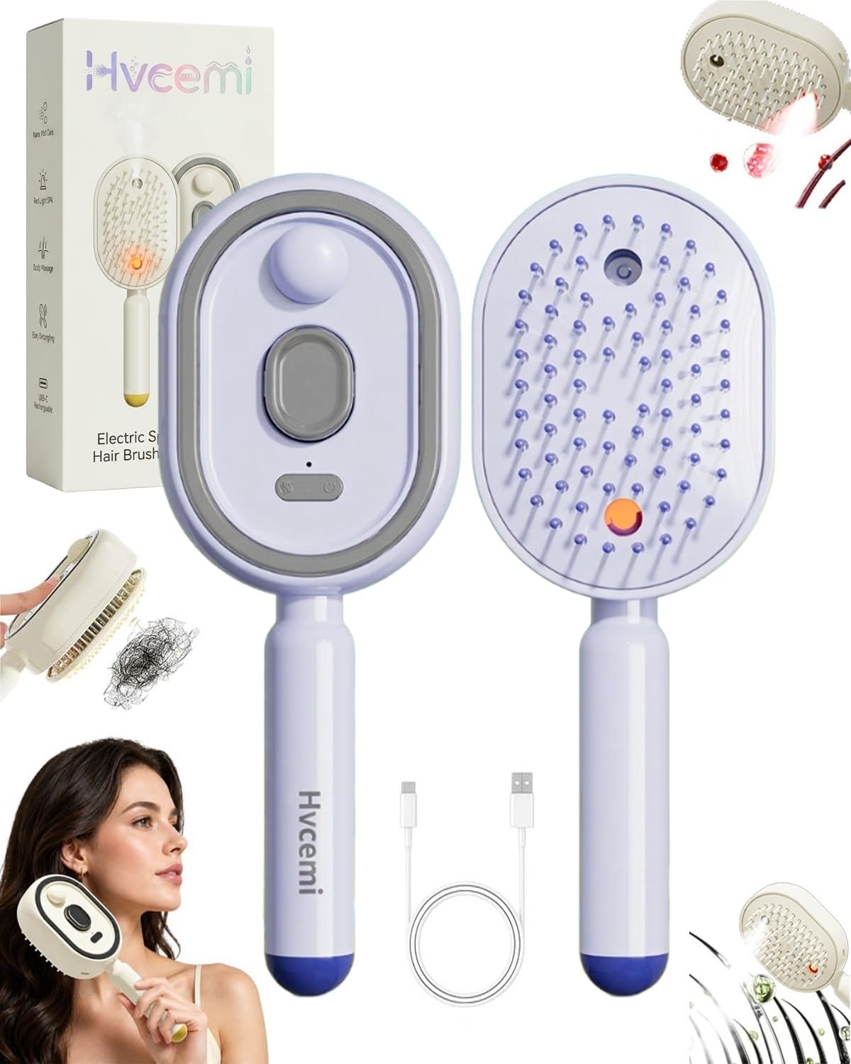 Electric Spray Air Cushion Massage Comb Water Mist Hair Steam Brush for Hair Care with Oil Cup Rechargeable Handheld Detangling Anti-Static Brushes Steamer Home Spa Gift for Dry Frizzy(#1)