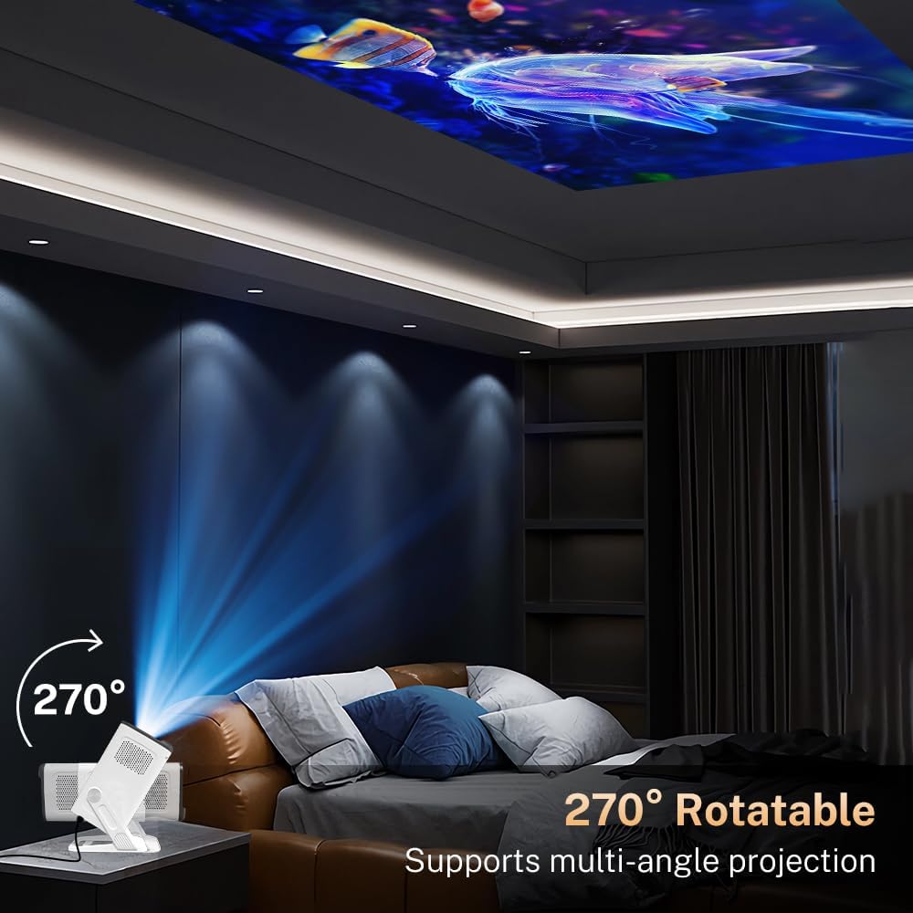 Mini Projector with WiFi 6 and Bluetooth 5.4 Built-in Apps for Bedroom Portable Projector Android 14 Smart Auto Keystone 1080P 4K Support Compatible with iOS/HDMI/TV Stick VisualCube 300 White