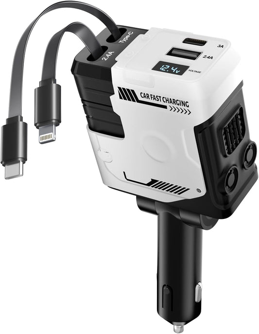 Retractable Car Charger with Retractable Cables (31.5 inch), 4 in 1 Super Fast Car Phone Charger, 2 USB Ports Car Charger Adapter, Compatible with iPhone 15 14 13 12 11 Pro Max, iPad, Pixel