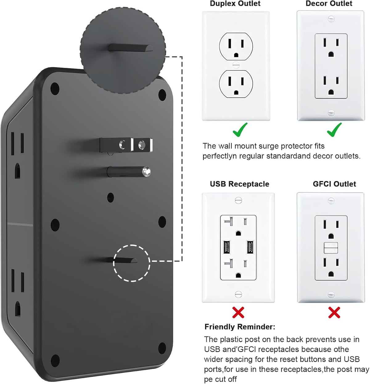 Surge Protector Outlet Extender, 6 Outlet Extender with 4 USB Charging Ports (2 USB C), 3 Sided Multi Plug Wall Adapter for Home, Office, Travel-2 Pack,Black