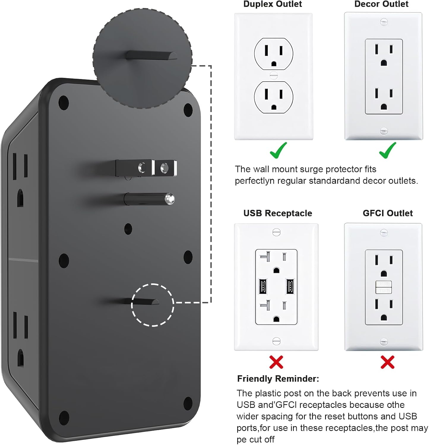 Surge Protector Outlet Extender, 6 Outlet Extender with 4 USB Charging Ports (2 USB C), 3 Sided Multi Plug Wall Adapter for Home, Office, Travel-2 Pack,Black