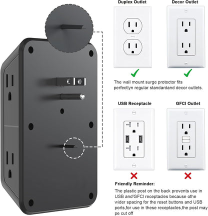 Surge Protector Outlet Extender, 6 Outlet Extender with 4 USB Charging Ports (2 USB C), 3 Sided Multi Plug Wall Adapter for Home, Office, Travel-2 Pack,Black