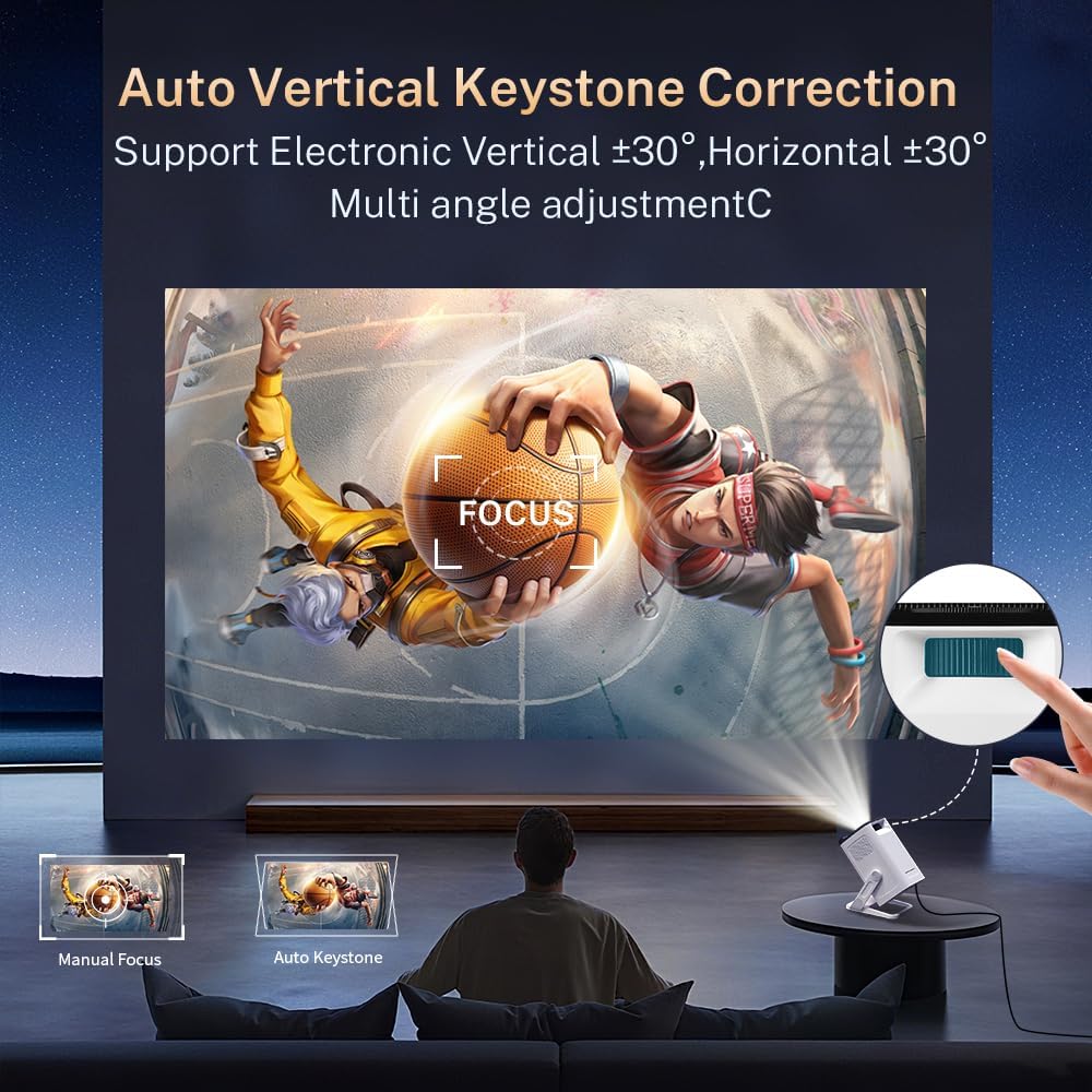 Mini Projector with WiFi 6 and Bluetooth 5.4 Built-in Apps for Bedroom Portable Projector Android 14 Smart Auto Keystone 1080P 4K Support Compatible with iOS/HDMI/TV Stick VisualCube 300 White