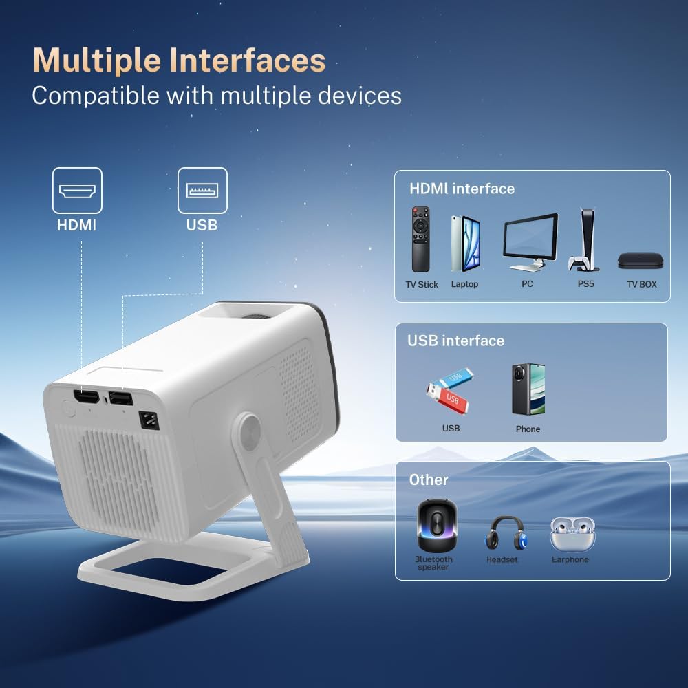 Mini Projector with WiFi 6 and Bluetooth 5.4 Built-in Apps for Bedroom Portable Projector Android 14 Smart Auto Keystone 1080P 4K Support Compatible with iOS/HDMI/TV Stick VisualCube 300 White