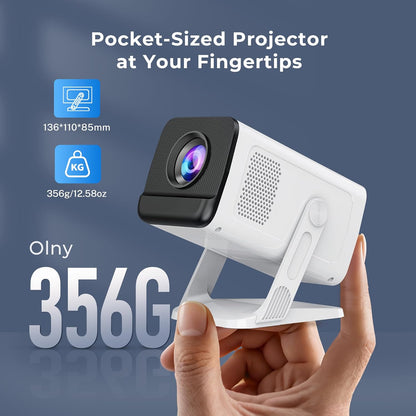 Mini Projector with WiFi 6 and Bluetooth 5.4 Built-in Apps for Bedroom Portable Projector Android 14 Smart Auto Keystone 1080P 4K Support Compatible with iOS/HDMI/TV Stick VisualCube 300 White