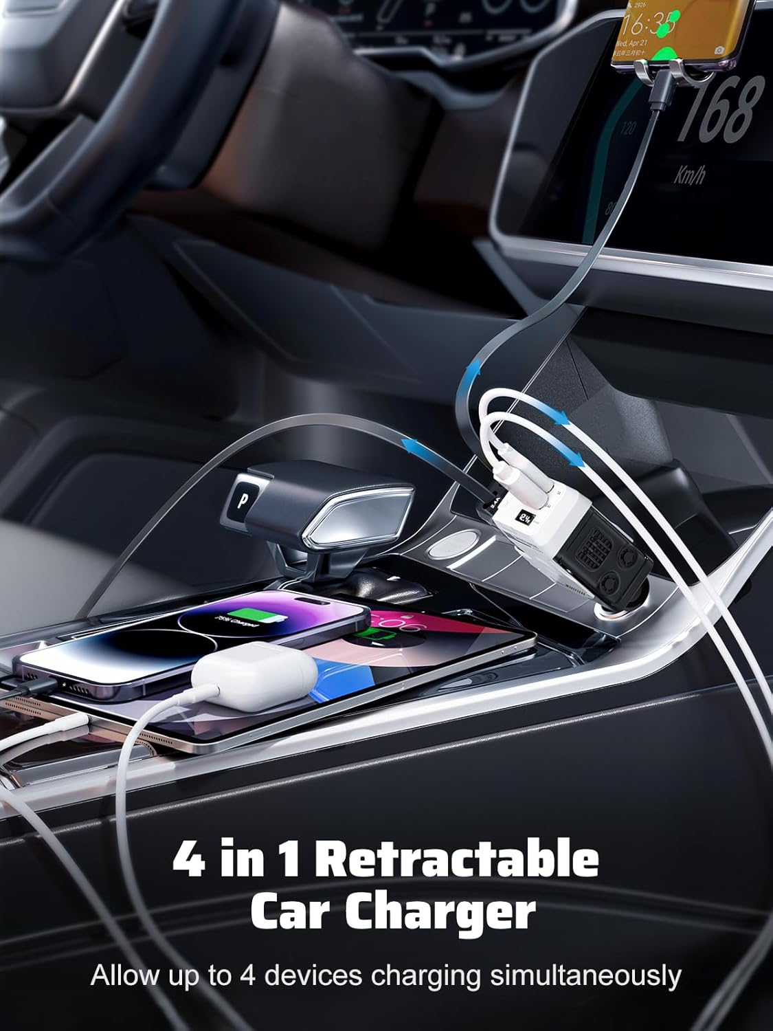 Retractable Car Charger with Retractable Cables (31.5 inch), 4 in 1 Super Fast Car Phone Charger, 2 USB Ports Car Charger Adapter, Compatible with iPhone 15 14 13 12 11 Pro Max, iPad, Pixel