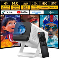 Mini Projector with WiFi 6 and Bluetooth 5.4 Built-in Apps for Bedroom Portable Projector Android 14 Smart Auto Keystone 1080P 4K Support Compatible with iOS/HDMI/TV Stick VisualCube 300 White