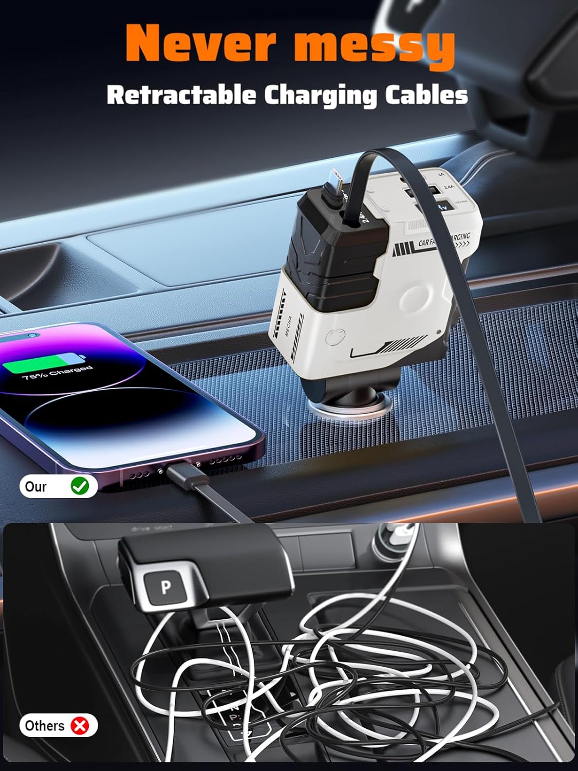 Retractable Car Charger with Retractable Cables (31.5 inch), 4 in 1 Super Fast Car Phone Charger, 2 USB Ports Car Charger Adapter, Compatible with iPhone 15 14 13 12 11 Pro Max, iPad, Pixel