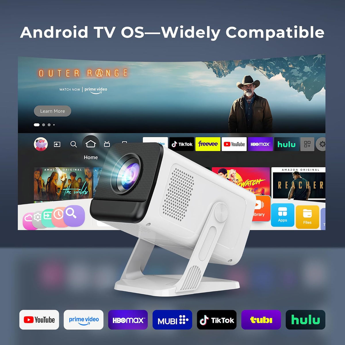 Mini Projector with WiFi 6 and Bluetooth 5.4 Built-in Apps for Bedroom Portable Projector Android 14 Smart Auto Keystone 1080P 4K Support Compatible with iOS/HDMI/TV Stick VisualCube 300 White