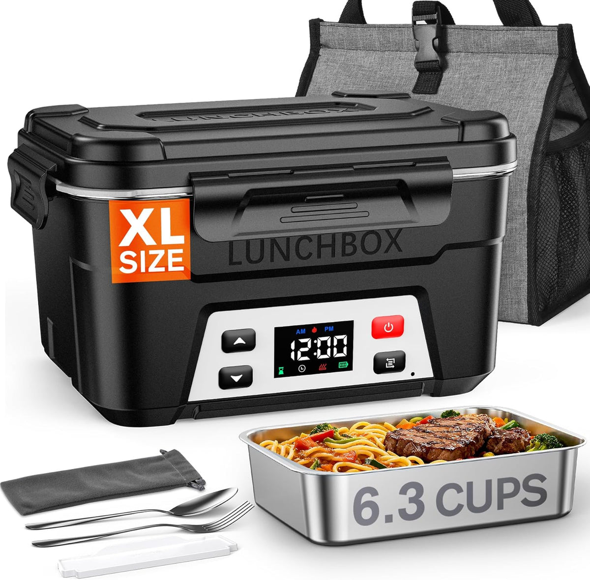EAST OAK Heated Lunch Box for Men, Electric Lunch Box for Adults, 6.3 Cups Portable Food Warmer, 27000mAh Rechargeable Self Heating Food Heater with Memory Function, Automatic Keep Warm(Classic Black)