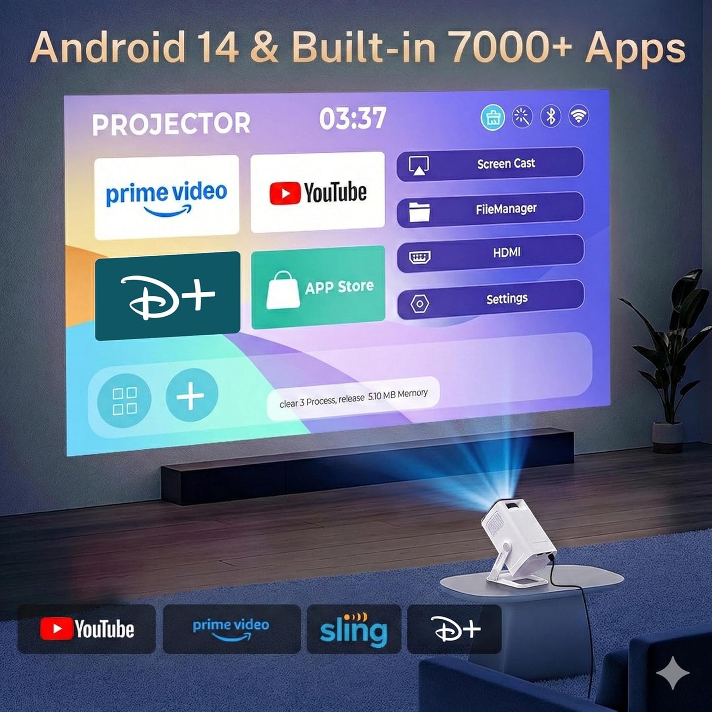 Mini Projector with WiFi 6 and Bluetooth 5.4 Built-in Apps for Bedroom Portable Projector Android 14 Smart Auto Keystone 1080P 4K Support Compatible with iOS/HDMI/TV Stick VisualCube 300 White