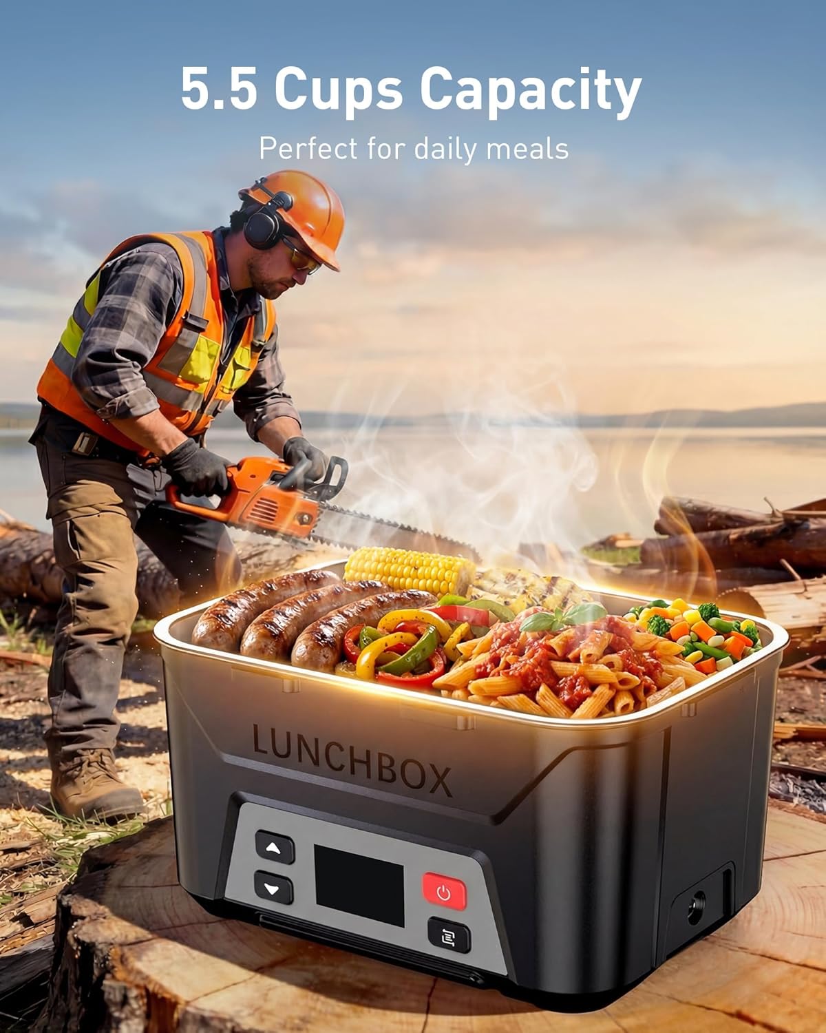 EAST OAK Cordless Electric Lunch Box for Adults, Battery Powered Heated Lunch Box for Work, Travel, 5.5 Cups Rechargeable Self Heating Food Heater, Memory Function & Automatic Keep Warm, Classic Black